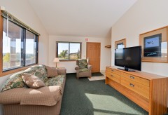 Sofa, chair, and tv with door to the outside