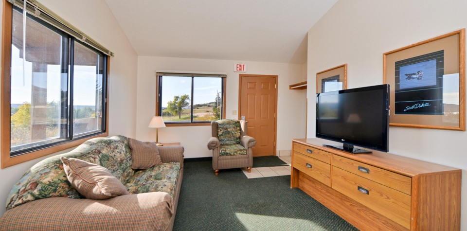 Sofa, chair, and tv with door to the outside